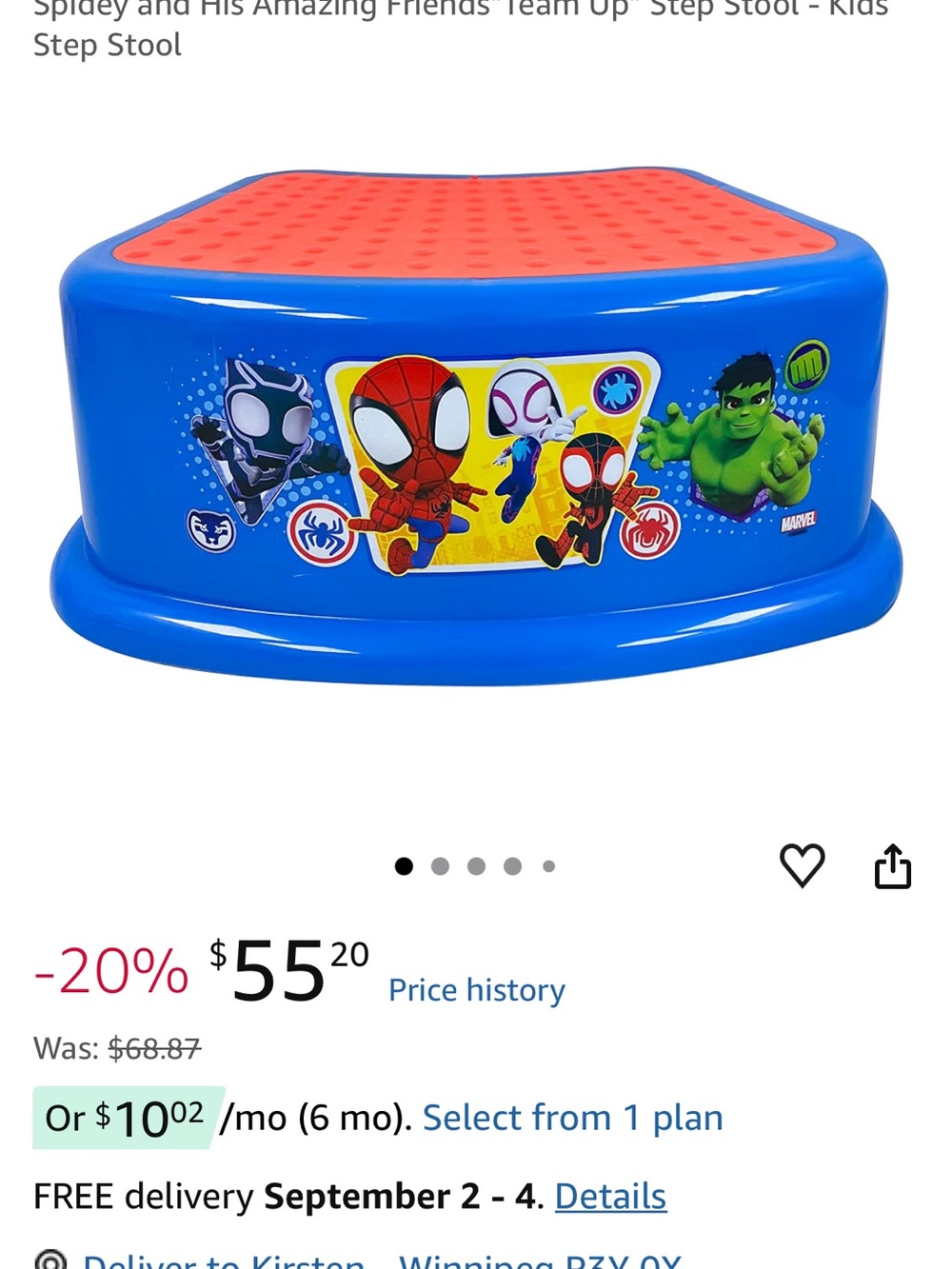 Marvel Blue Step Stool with Red Non-Slip Top featuring Spidey Characters